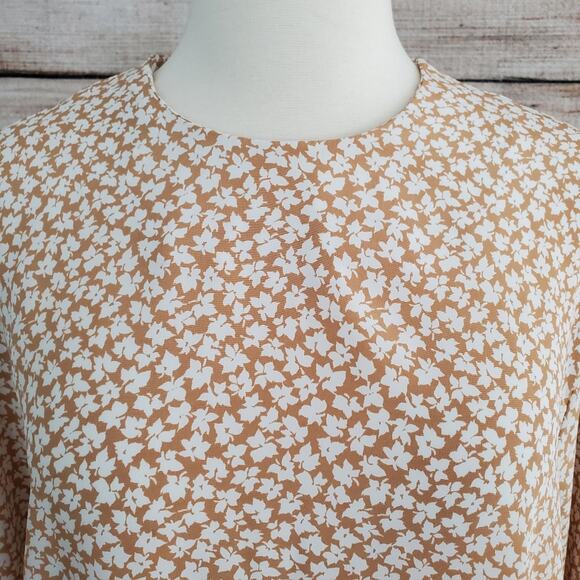 Vintage 60s 70s Tunic Tan White Leaf Print Large - Picture 11 of 11